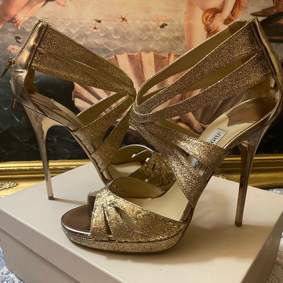 Authentic Jimmy Choo gold glitter zip up metallic sequin stiletto heels size 40 - Picture 2 of 10